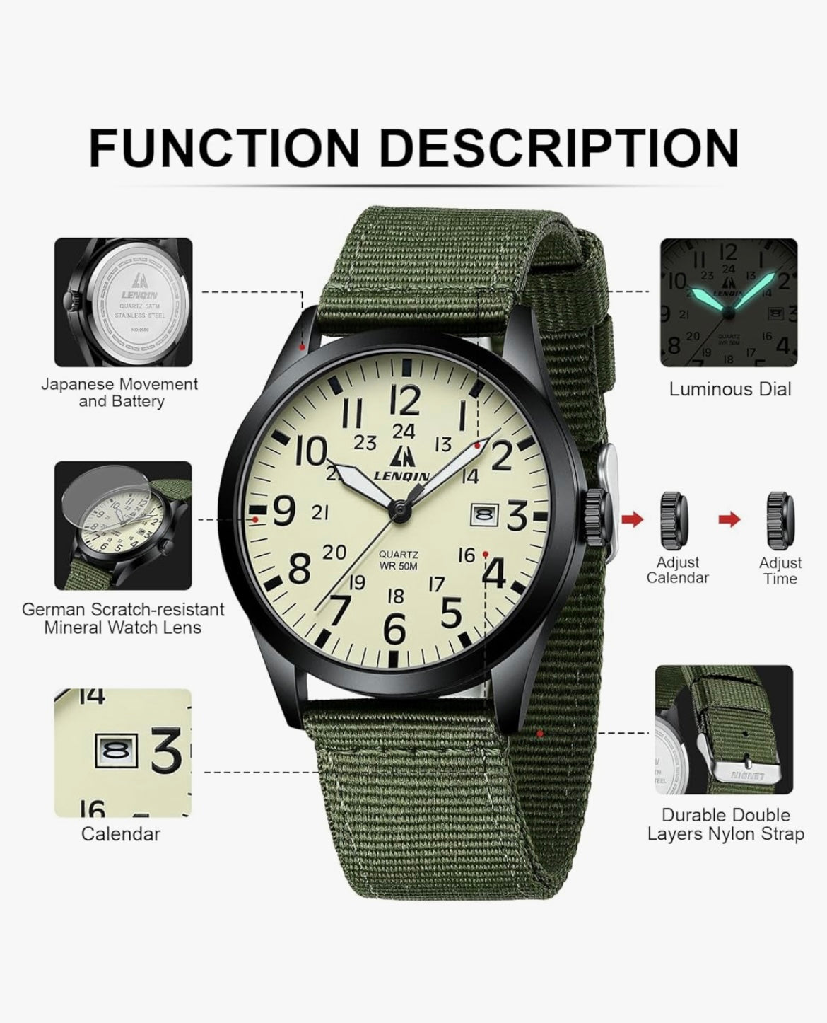 LN LENQIN Men's Military Sport Watch - Army Green Nylon Strap Tactical Field Watch