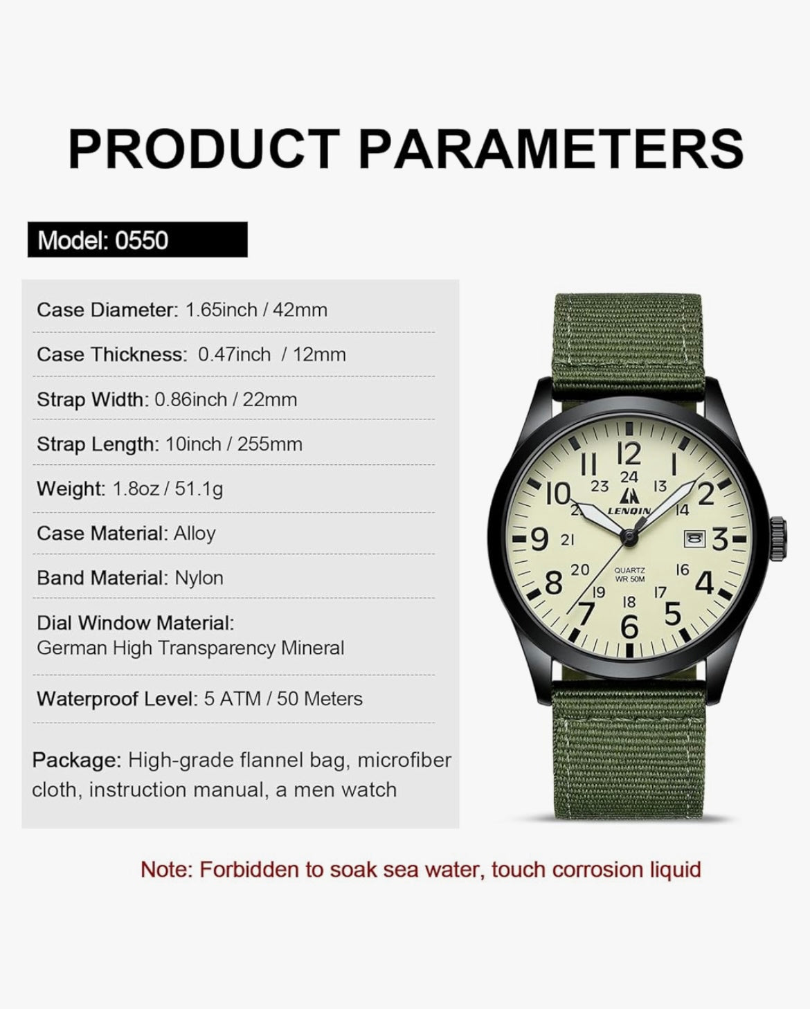 LN LENQIN Men's Military Sport Watch - Army Green Nylon Strap Tactical Field Watch